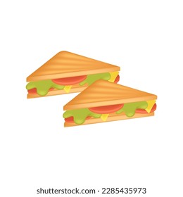 Dos sándwiches con ilustración 3D de verduras. Dibujo de caricaturas de deliciosos bocadillos con pan, tomates, queso y lechuga para el desayuno o la comida en 3D con fondo blanco. Concepto de comida rápida