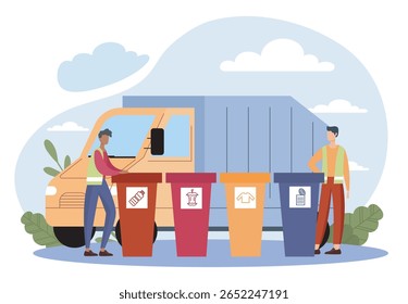 Two sanitation workers sorting different types of waste into labeled bins beside a garbage truck, flat design style, outdoor background. Concept of recycling. Vector illustration