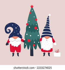 dos santa por el árbol de navidad con regalos