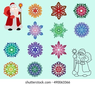 Two Santa Claus in different styles, color and contour and a set of isolated colored snowflakes. Vector illustration.