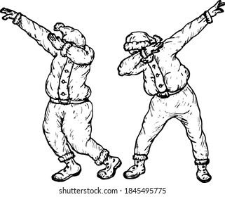 Two Santa Claus doing the dab dance. Hand drawn vector illustration.