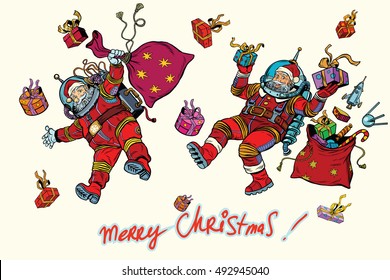 Two Santa Claus with gifts. Merry Christmas, pop art retro vector illustration. Fairy-tale characters in spacesuits