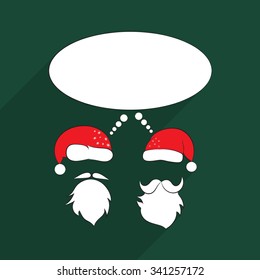 Two Santa Claus hats and face silhouette hipster style. Vector illustration. Textbox cloud
