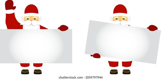 Two santa claus holding a blank banner