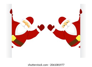 Two santa claus holding a corner blank banner