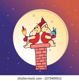Two Santa Claus on chimney. The left Santa holds the yellow bell, the right one holds the blue New Year's gift wrapped in blue paper.