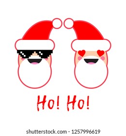 Two Santa Claus, one in pixel glasses, and the inscription Ho-Ho! Poster about merry Christmas. A Fun Winter. Can be used for wallpaper, textile, invitation card, wrapping, web page background.