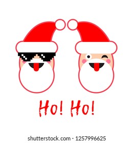 Two Santa Claus, one in pixel glasses, and the inscription Ho-Ho! Poster about merry Christmas. A Fun Winter. Can be used for wallpaper, textile, invitation card, wrapping, web page background.