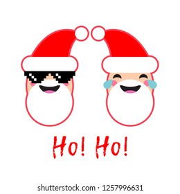 Two Santa Claus, one in pixel glasses, and the inscription Ho-Ho! Poster about merry Christmas. A Fun Winter. Can be used for wallpaper, textile, invitation card, wrapping, web page background.