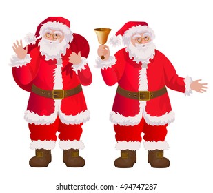 Two Santa Clauses Characters in different poses with bag. Santa Claus ringing a Christmas bell.