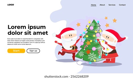 Two Santa Clauses decorating Christmas tree. Celebrating and party concept. Vector illustration can be used for banner design or landing page