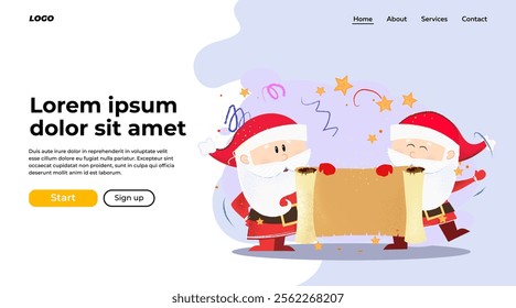 Two Santa Clauses showing scroll with copy space. Christmas presentation concept. Vector illustration can be used for banner design or landing page