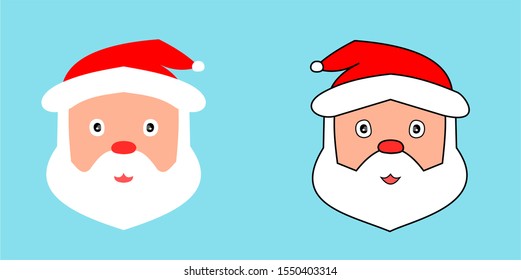 Two Santa Claus's face with white beard and red hat on bright blue background, Cartoon and graphic design with the concept of Christmas