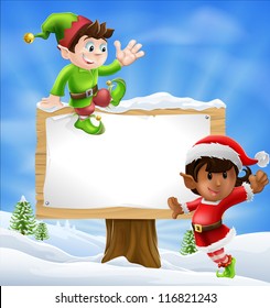 Two Santa's helper type Christmas characters with a large sign with copyspace