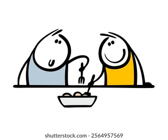 Two satisfied stickmen are eating from the same plate. Vector illustration of boys sticking forks into meat. Poor students are sitting at the table, sharing food together.