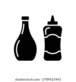 Two sauce bottles presented as a black silhouette icon, representing various condiments like ketchup, mayonnaise, mustard, and dressing. This graphic depicts seasoning and food flavoring packaging, including both glass and plastic containers. Ideal for culinary themes, restaurant menus, or any design related to food preparation and serving, showcasing essential kitchen items.