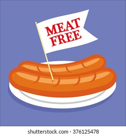 Two sausages or hot dogs on a plate with a white flag sticking out and the words Meat Free added in red text svg