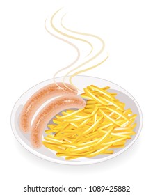 Two sausages on a plate. Garnish fried potatoes. Hot dish for breakfast, lunch, dinner. Fast, tasty and nutritious food. Vector illustration.