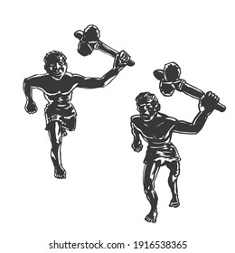 Two savages, Neanderthal men with axes. Graphic hand sketch. Vector