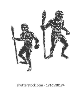 Two savages, Neanderthal men with spears. Graphic hand sketch. Vector