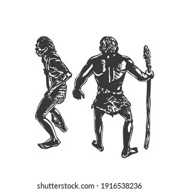 Two savages, Neanderthal men with spears. Graphic hand sketch. Vector