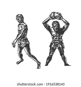 Two savages, Neanderthal men with stone. Graphic hand sketch. Vector