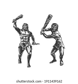 Two savages, Neanderthals with cudgel. Graphic hand sketch. Vector