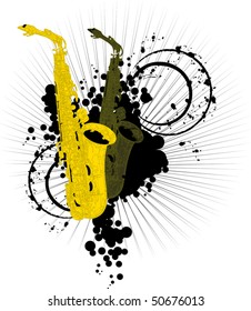 Two saxophone - yellow and green on a bright background;