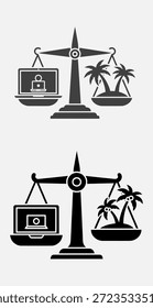 Dos escalas que equilibran las computadoras portátiles con candados y palmeras, que simbolizan la seguridad frente a la naturaleza.