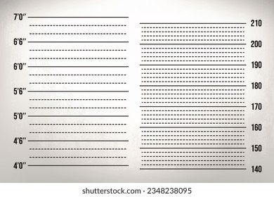 Hay dos escalas en la pared: en pulgadas y centímetros. Regla para la identificación de altura. Plantilla para foto de toma de imágenes.