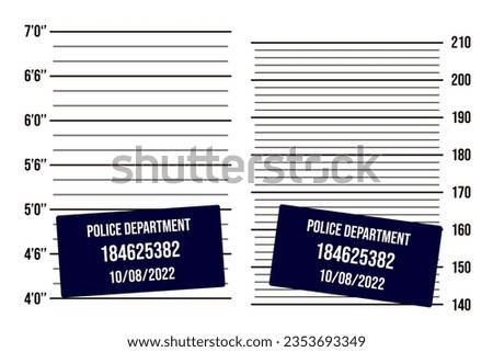 Two scales on white wall with table in front of it: in inches and centimeters. Ruler for height identification. Template for mugshot photo.