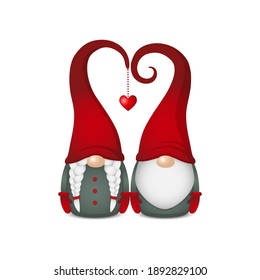 two scandinavian gnomes with red hats in heart shape, cute nordic tomte couple, stock vector illustration character clip art isolated on white background for Valentines day card, banner, poster design