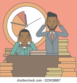 Two scared businessman holding their heads at the office and clock behind. Deadline concept. Vector line design illustration. Square layout.