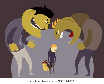 Two scary bullies abuse a little kid with a school backpack, vector illustration