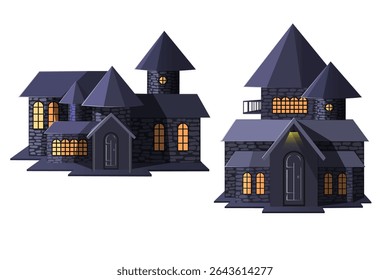 two scary halloween houses isolated on the white background. haunted horror houses design element.halloween concept background,card and banner design clip art vector illustration.