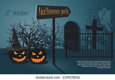 Two Scary halloween pumpkin on night cemetery background. Vector Illustration template