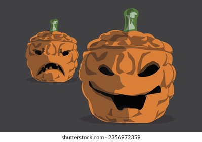 Dos calabazas aterradoras de halloween con diferentes expresiones faciales sobre fondo oscuro