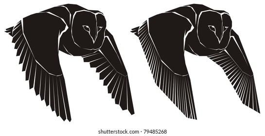 Two scary owls in flight - black and white vector cartoon illustration