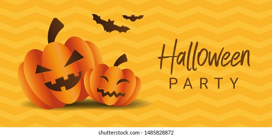 Two scary pumpkins with faces on a yellow background with bats, vector illustration. Halloween concept, banner with copy space.