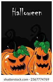 Two scary pumpkins on black background. Great Halloween poster. Cartoon characters. Halloween Postcards.