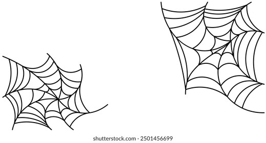 Two scary spider web for halloween poster design. Black linear spider webs without spiders. Halloween vector symbol isolated on white background. Horizontal format.