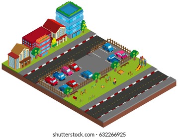 Two scene with buildings and cars in 3D design illustration