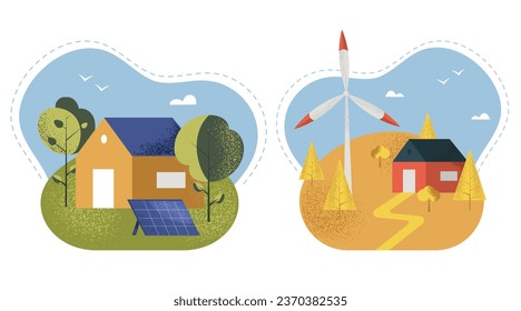 Two sceneries with houses that use green energy, solar panel and wind turbine in different seasons. Hand drawn vector illustrations in flat design