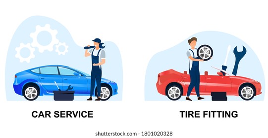 Two scenes from an automobile maintenance centre or workshop showing mechanics changing tires and doing a service, colored vector illustration