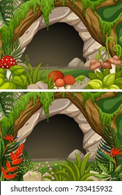 Two scenes of cave and flowers illustration