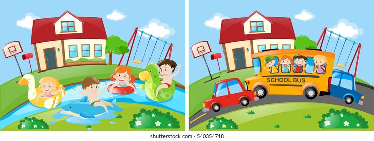 Two scenes with children swimming and riding on schoolbus illustration