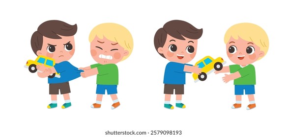 Two scenes of children with a toy car: one showing conflict as they fight over it, and the other showing harmony as they share it, reflecting both sides of childhood interactions.