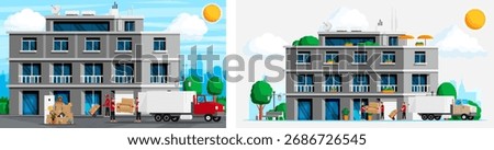 Two scenes of delivery men moving boxes and furniture to a building. Delivery service for house relocation. Flat style vector illustration.