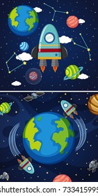 Two scenes of earth and spaceships in space illustration