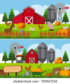 Two scenes of farm with many animals illustration